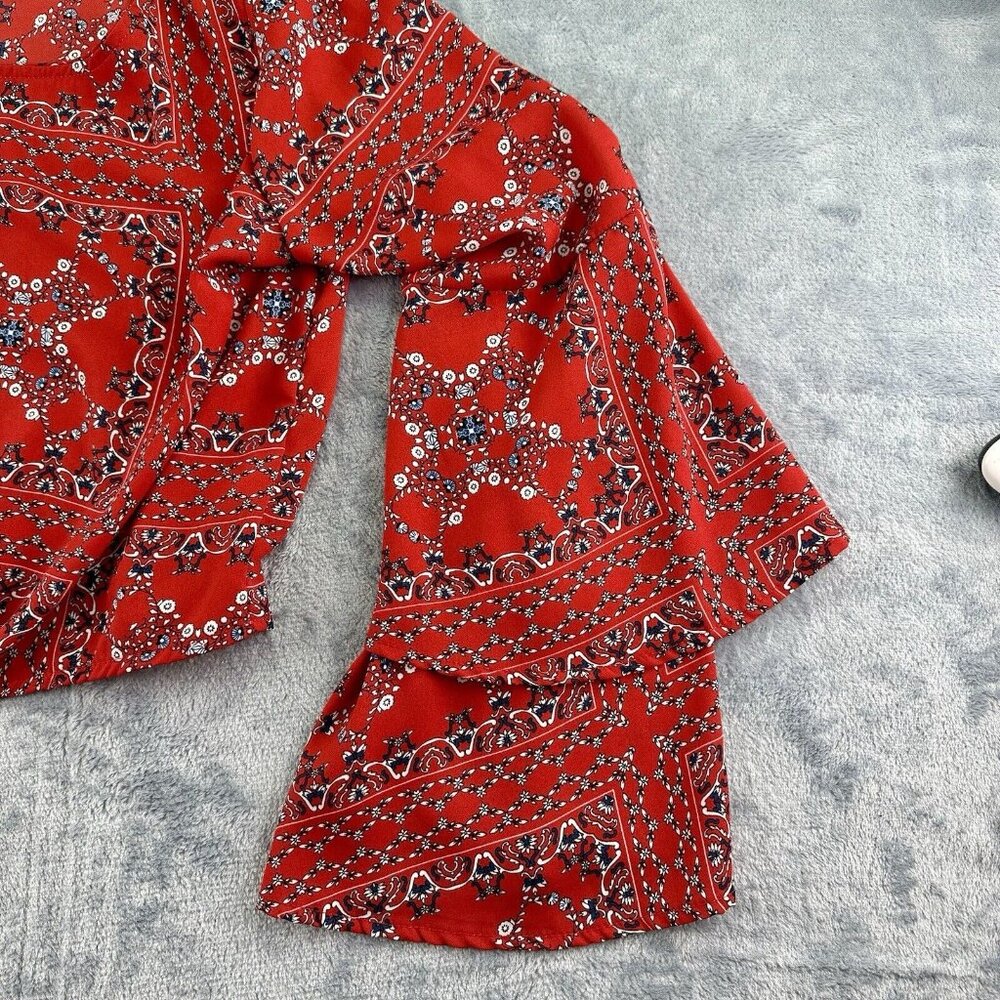 ALTAR’D STATE Mackenzie Bandana Print Blouse‎ Women’s Sz M Red Tie Belle Sleeve - Picture 4 of 12